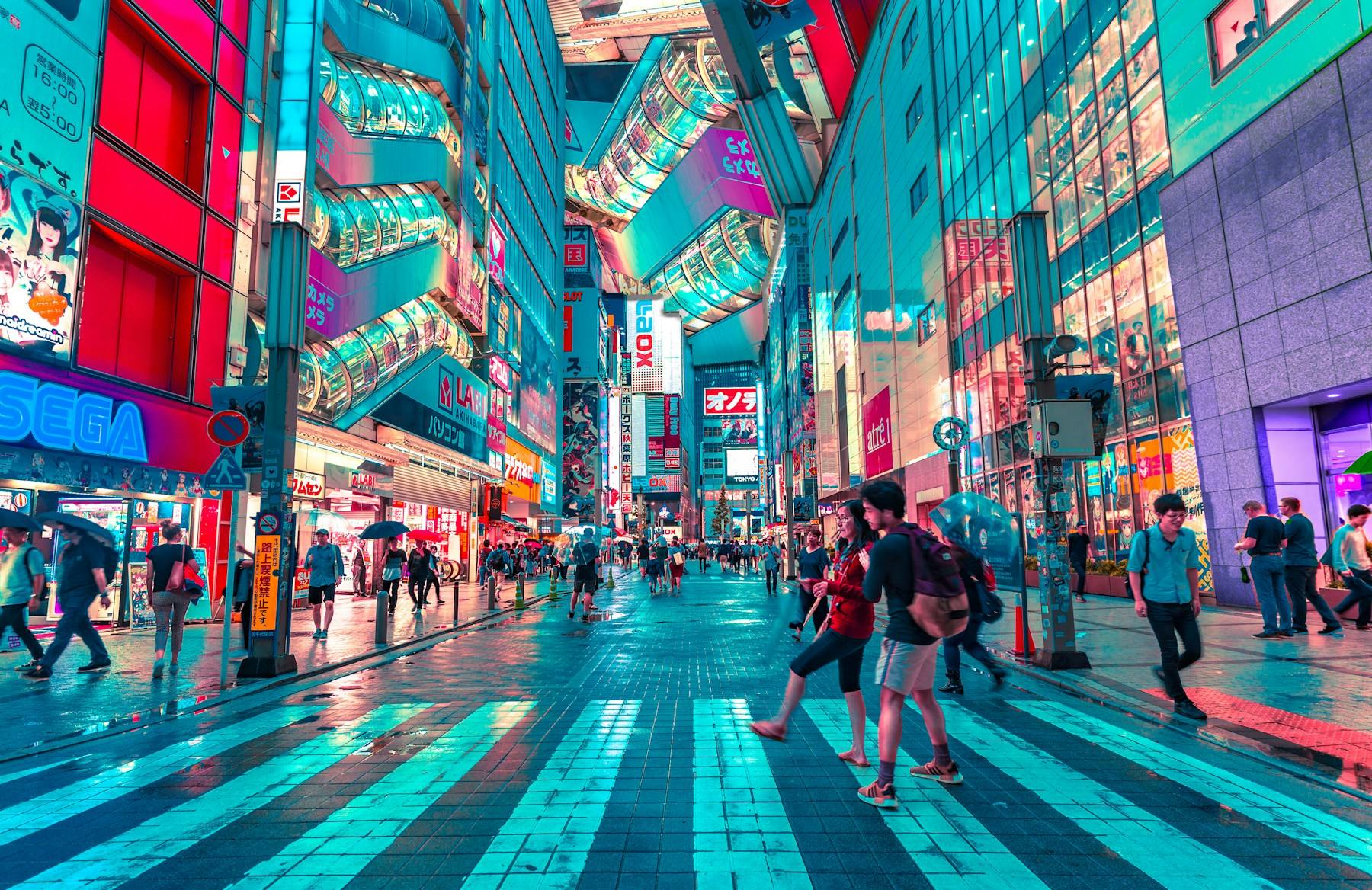 A lively rain-lit street in Tokyo